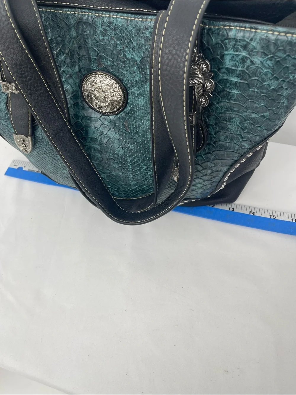 P&G Teal Textured Tote/SHOULDER Bag with Silver Conchos and Buckles